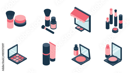 Isometric cosmetic icons set featuring makeup tools and products in modern style