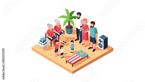 Family gathering on beach with games and music in isometric art style