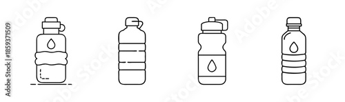 A collection of diverse water bottle line icons showcasing various designs for hydration