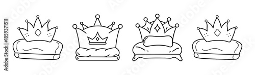 A set of hand-drawn doodle style crowns resting on royal cushions and stands