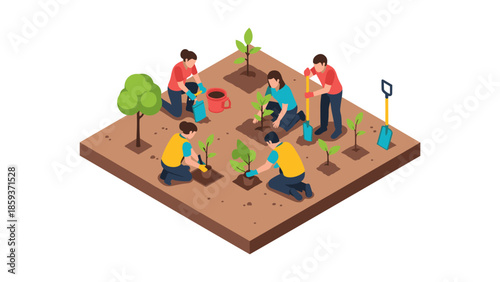 Community gardening: people planting trees and plants in an isometric design