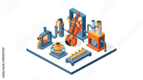 Isometric musical instruments with futuristic machinery and geometric design