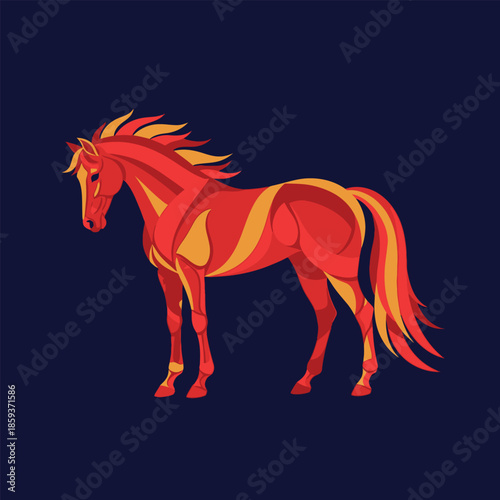 Vibrant Red Horse Illustration with Flowing Mane.