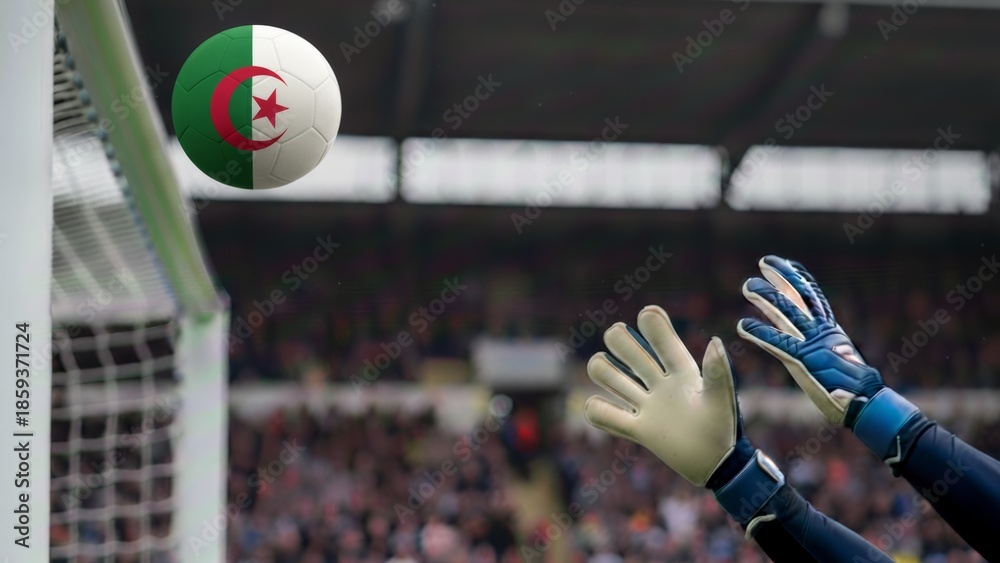 Obraz premium Algerian flag football soaring towards the goal defended by a skilled goalkeeper in a thrilling