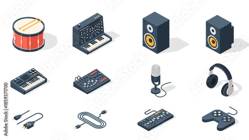 Isometric musical equipment icons: synthesizers, drums, headphones, microphone, speakers, cables, game controller