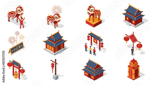 Isometric chinese new year celebrations with dragon dance and traditional architecture