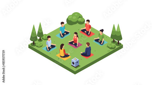 Meditation group practicing yoga outdoors in isometric park setting with nature elements