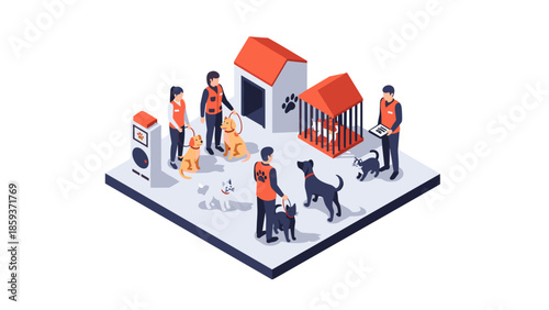 Animal shelter isometric scene with volunteers and pets