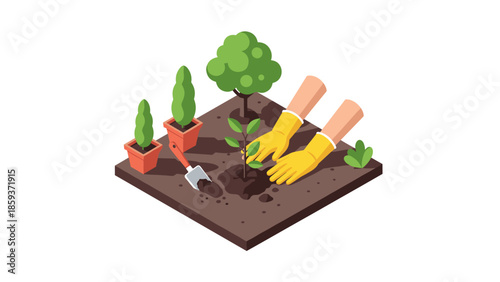 Isometric gardening scene with tree planting and gardening tools in action