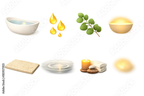 Spa relaxation essentials: bath, oils, candles, natural elements for wellness