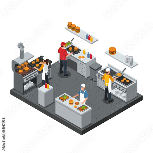 Isometric Food Processing Factory Workers Preparing Produce.