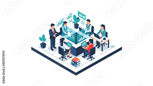 Isometric office meeting: team collaboration and business strategy in modern workspace