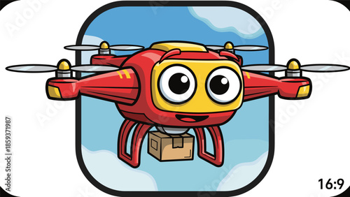 Cartoon Drone Delivering Package with Googly Eyes and Friendly Expression.
