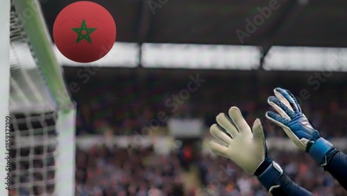 Vibrant Moroccan football soaring towards the net as skilled goalkeeper gloves prepare for an