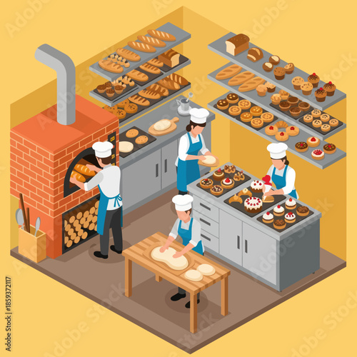 Bakers Preparing Pastries in Commercial Kitchen.