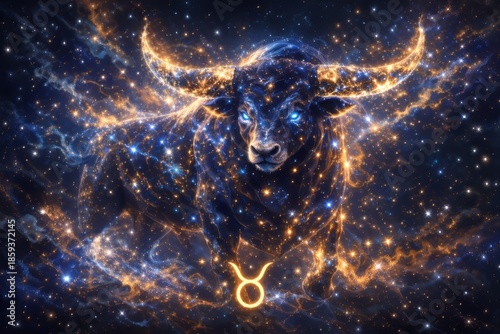 Celestial Zodiac Sign Taurus Represented by a Cosmic Bull
