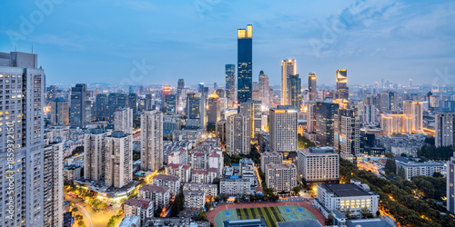 Billede på lærred Aerial view of the nighttime skyline of  Xinjiekou area in Nanking, Jiangsu Province, China
