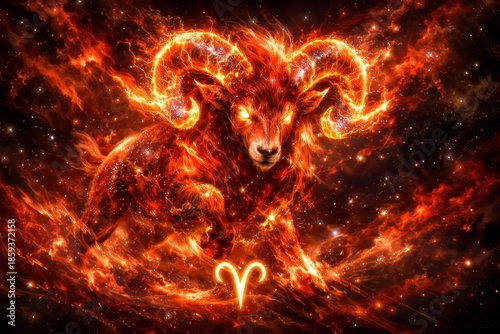 Fiery Aries Sign Represented by an Imposing Ram in Cosmic Background