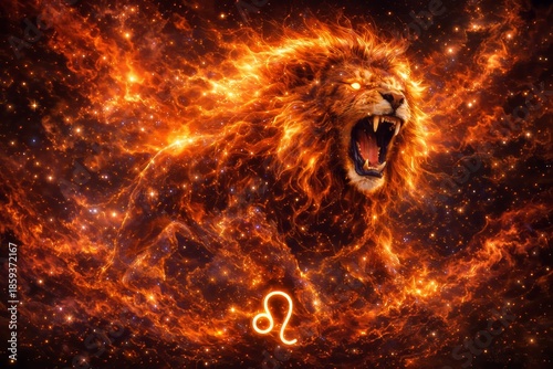 Fiery Leo Zodiac Symbol with Roaring Lion in Cosmic Background