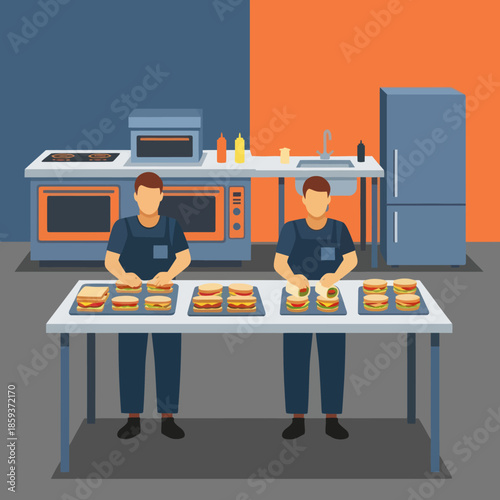 Two chefs preparing burgers in kitchen.