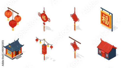 Isometric lanterns and houses: traditional chinese new year decorations and architecture