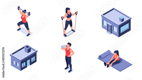 Isometric fitness icons: workout and gym elements in modern design