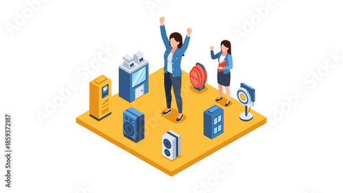 Isometric female success in data center with servers and networking gear