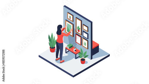 Isometric art gallery setup with frames and plants in modern interior design
