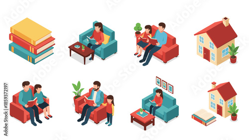 Family reading moments and cozy home settings in isometric design
