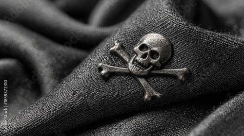 Close-up of a metallic skull and crossbones emblem on a textured black fabric backdrop