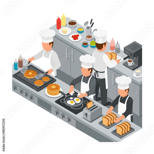 Chefs Cooking Pancakes in Commercial Kitchen.