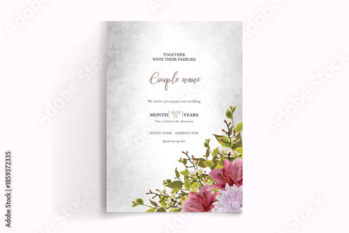 WEDDING INVITATION FRAME WITH FLOWER DECORATIONS AND FRESH LEAVES