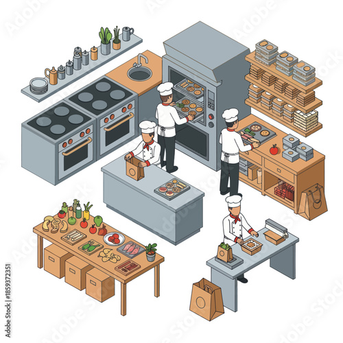 Commercial Kitchen Interior with Chefs Cooking.