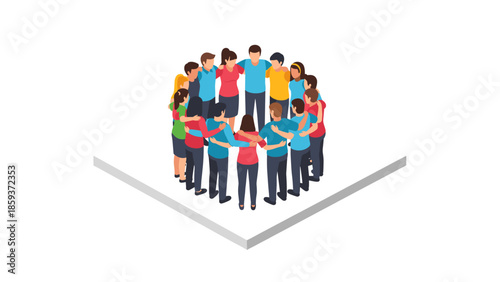 Diverse group in circle embracing unity and connection in isometric design