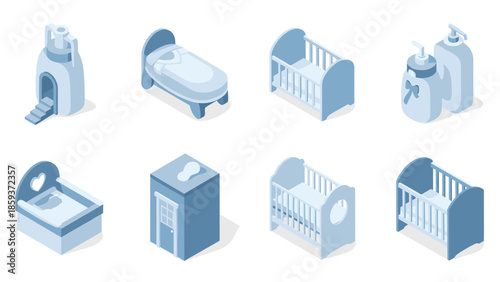Isometric baby furniture and accessories collection in soft blue tones