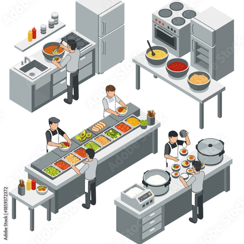 Commercial Kitchen Scene with Chefs Cooking.