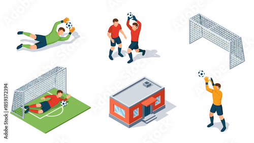Isometric soccer actions and field elements with players and accessories