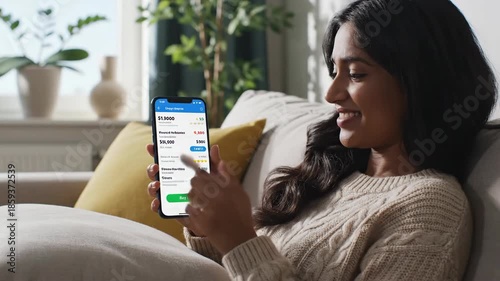 Smiling young woman using smartphone for online shopping or mobile banking at home, comfortably relaxing on a couch
