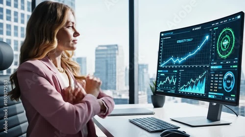 Professional woman analyzing business data on a large monitor in a modern office with a city view, focusing on financial growth