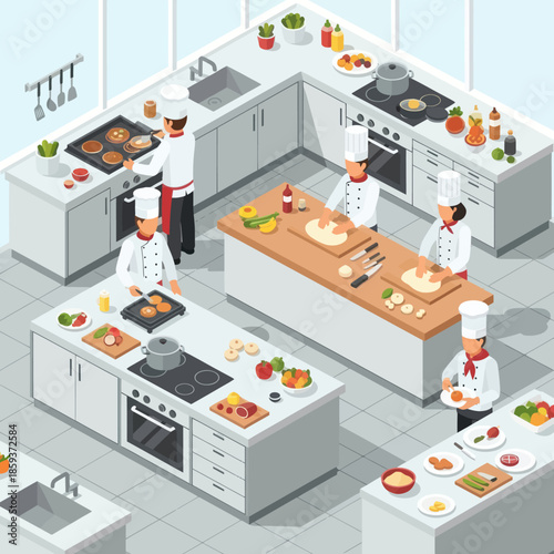 Chefs Preparing Food in Modern Kitchen.