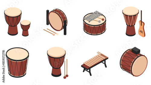 Isometric percussion instruments set: drums, marimba, guitar, and more