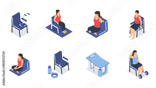 Isometric exercise scenes featuring meditation and stretching with fitness equipment