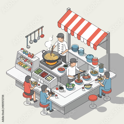 Street Food Vendors Cooking at Stall.