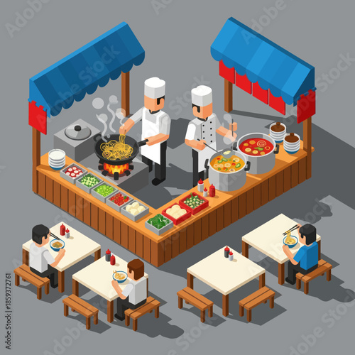 Isometric Food Stall with Chefs and Customers.