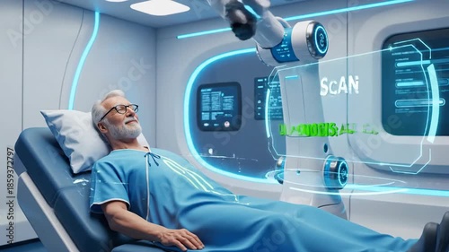Senior Man Undergoing Futuristic Robotic Medical Scan in High-Tech Hospital Room