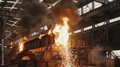 Major industrial factory fire and explosion, with huge flames, thick smoke, and flying sparks inside a large plant.