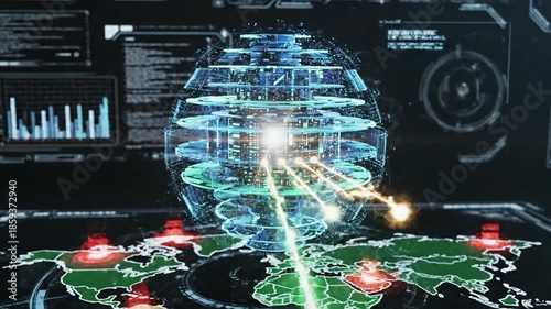 Futuristic Global Network & Data Visualization: Digital Globe with Information Streams on World Map Interface