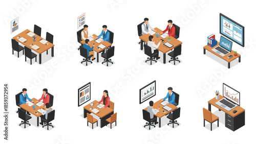 Isometric office meeting collection: collaborative workspace scenes and business interactions