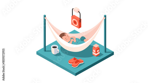 Relaxing baby in hammock with comforting accessories in isometric design