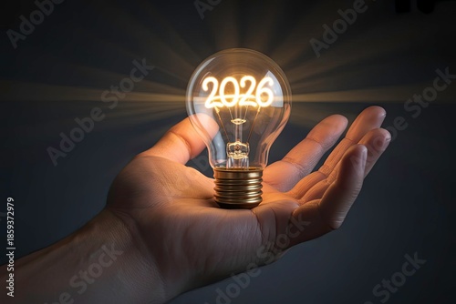 Glowing light bulb displaying the year 2026 held in a hand for business planning on dark background.